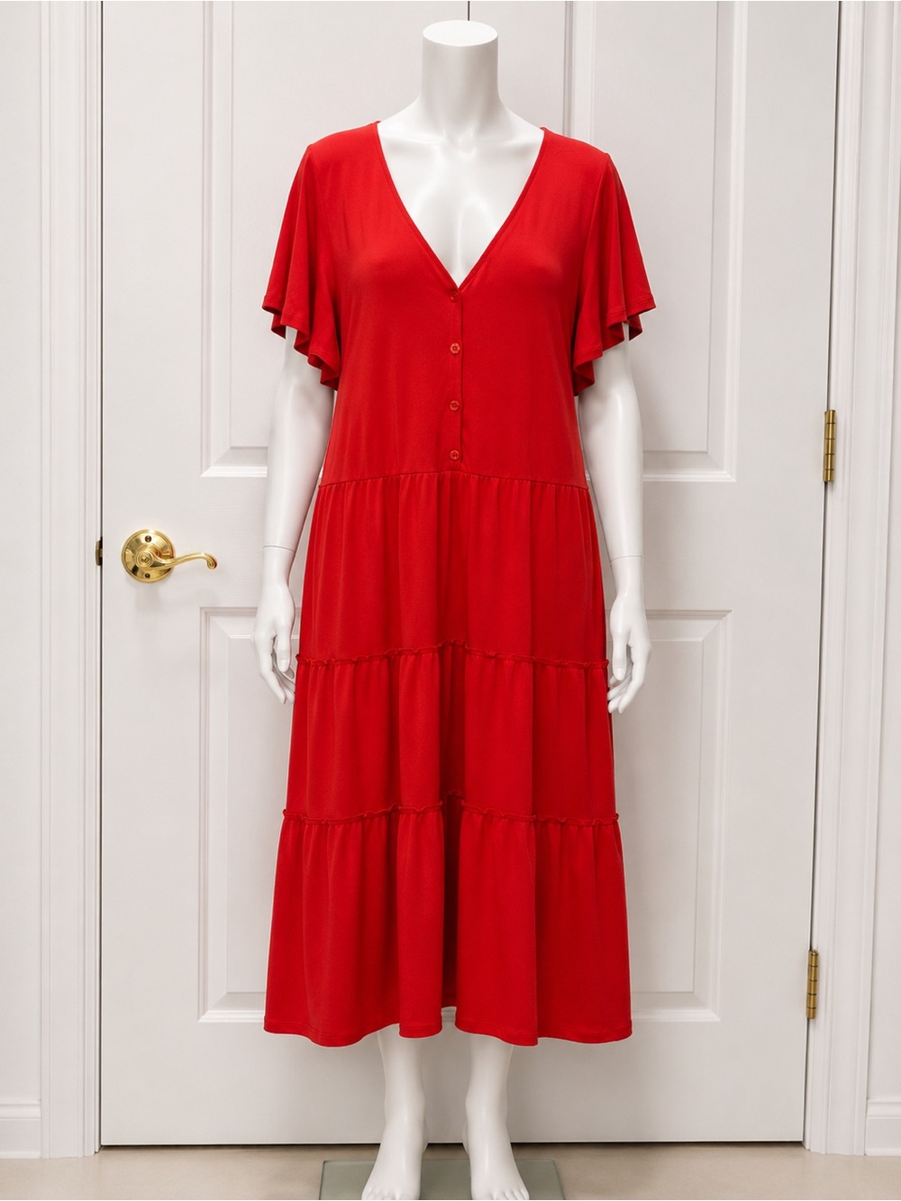 White Mark Red V-Neck Tiered Midi Dress